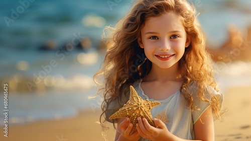 Happy cute little girl holding starfish at tropical beach. AI generated