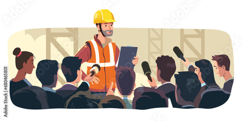 Constructing engineer builder speaker man giving interview to reporters at construction site. Constructor supervisor person public speech. Building industry news report flat vector illustration