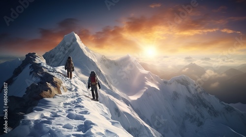 Two climbers join hands to help climb a rock reaching the top of a snowy mountain at sunset