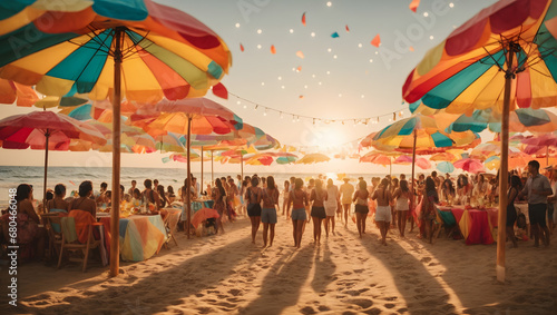 A lively beach gathering adorned with beach umbrellas, surfboards, and bokeh lights, creating a vibrant atmosphere for a fun-filled summer celebration. © xKas