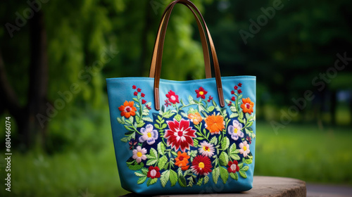 Elegant handbag in the garden. Handbag with flowers photo