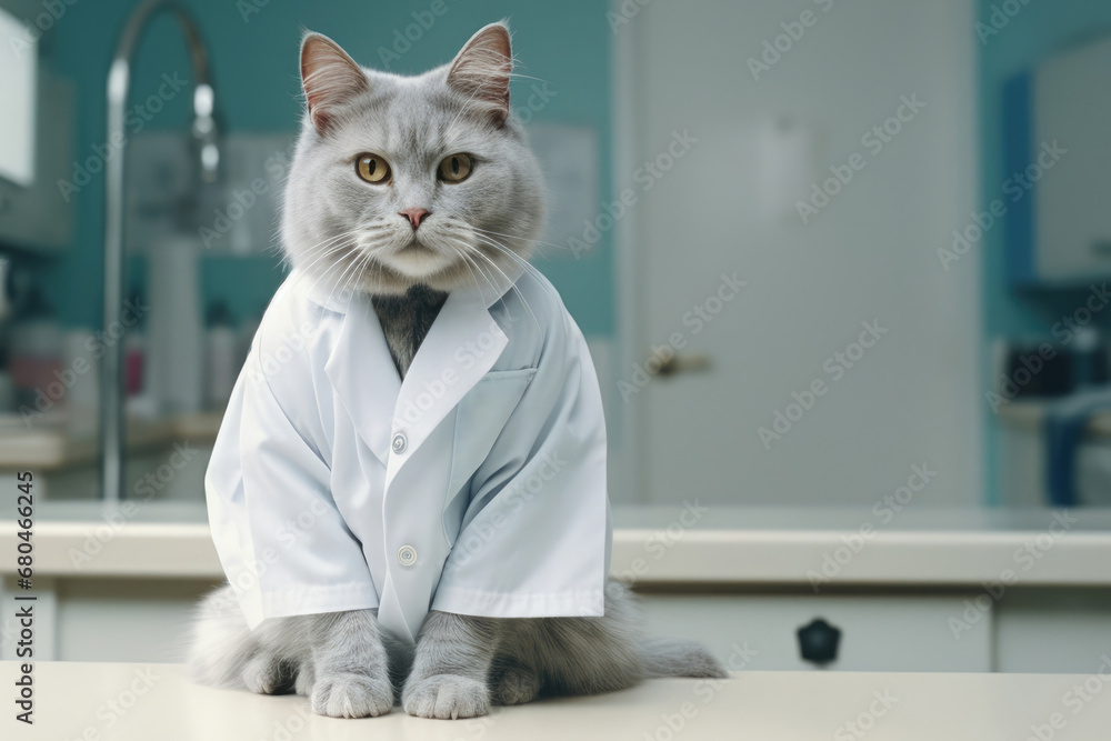 Portrait of a cat in vet clinic wearing white doctor medical uniform. Portrait of a cat in vet clinic wearing white doctor medical uniform.