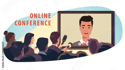 Speaker politician person on screen giving interview to reporters with microphones at online press conference. Public speech media event, news report presentation, journalism flat vector illustration