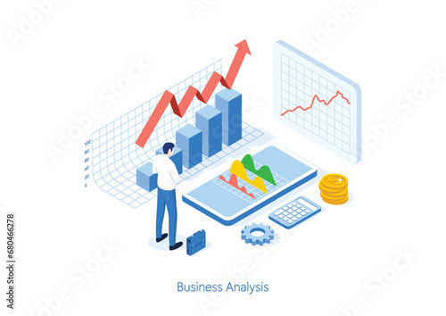 Isometric business man working for data analytics and monitoring on web report dashboard monitor and business finance. illustrator vector