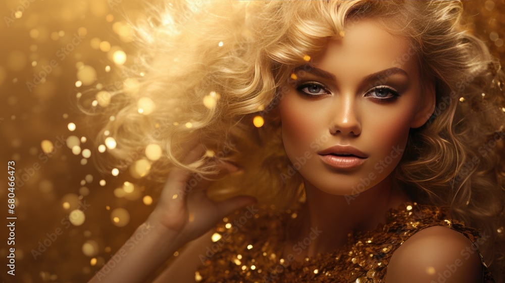 Female Model Photo with Gold Glitter all around and Gold Background