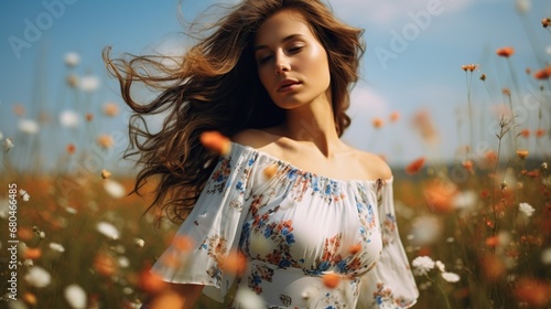 Portrait of beautiful young woman enjoying her freedom in garden fields
