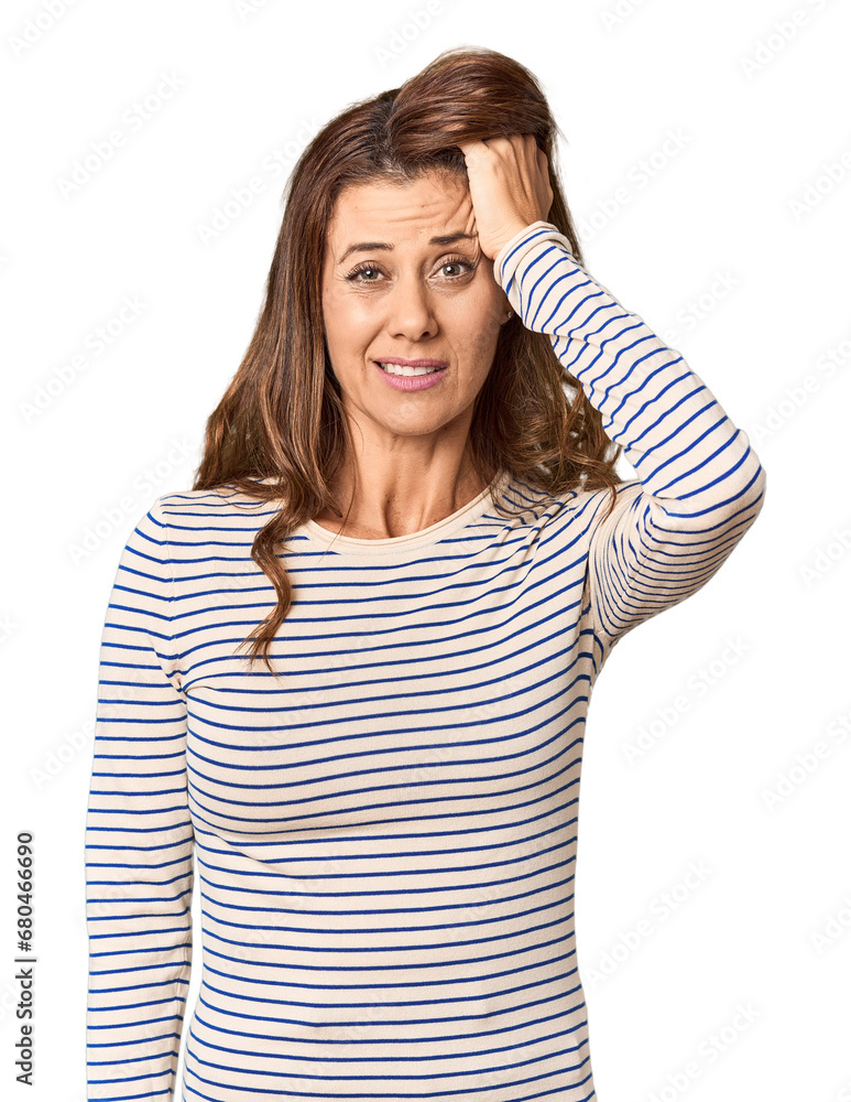 Middle-aged woman portrait in studio setting tired and very sleepy keeping hand on head. Middle-aged woman portrait in studio setting tired and very sleepy keeping hand on head.
