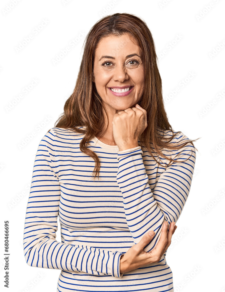 Middle-aged woman portrait in studio setting smiling happy and confident, touching chin with hand. Middle-aged woman portrait in studio setting smiling happy and confident, touching chin with hand.