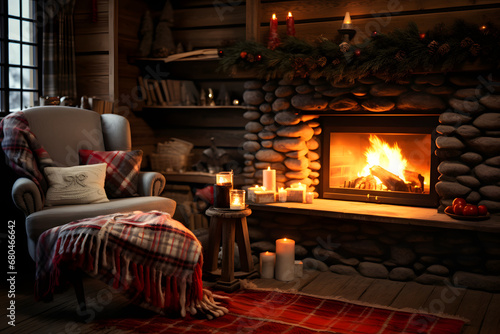 Cozy winter cabin rustic interior with fireplace and Christmas decorations