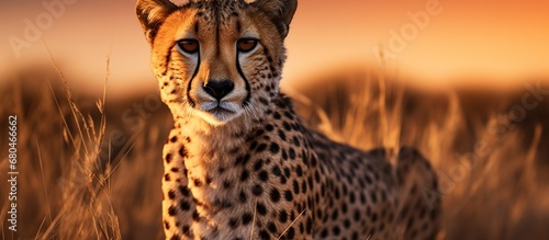 Animal wildlife photography cheetah with natural background in the sunset view, AI generated image © atapdesain