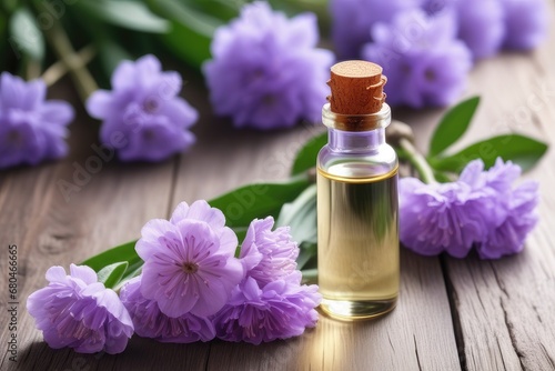 Essential oil in a small bottle with flowers on a wooden background