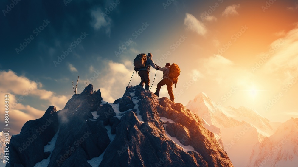 Two climbers join hands to help climb a rock reaching the top of a mountain at sunset