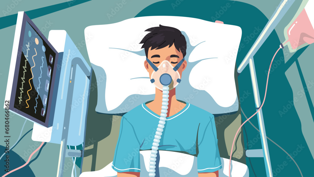 COVID patient man lying in hospital bed with oxygen mask for artificial