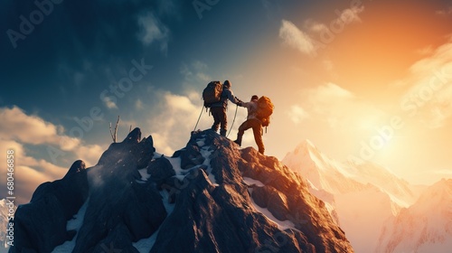 Two climbers join hands to help climb a rock reaching the top of a mountain at sunset photo