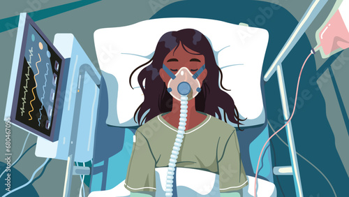 COVID patient woman lying in hospital bed with oxygen mask for artificial lungs ventilation from coronavirus disease top view. Unconscious person with corona virus pneumonia flat vector illustration 