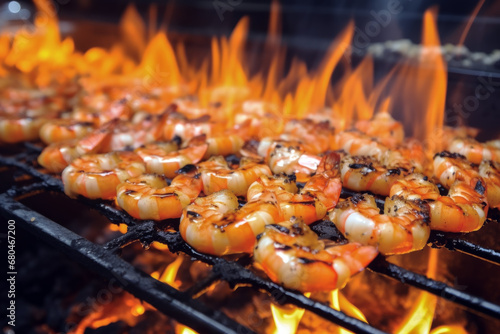 Close up of shrimp on the grill with fire in background of modern kitchen. Cooking concept of food and dish.