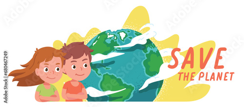Volunteers children saving Earth planet. Determined activists boy  girl kids persons protecting world globe sphere. Environment protection poster  ecology conservation concept flat vector illustration