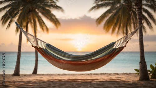 A relaxing hammock setup between palm trees, beach towels, and bokeh lights, inviting tranquility and relaxation in a serene beach environment.