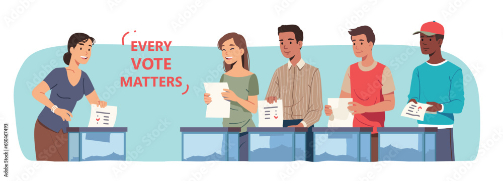 Voters persons casting ballots putting papers with vote into election boxes. Multiethnic men, women voting in favor or against candidate, party making decision. Polling place flat vector illustration