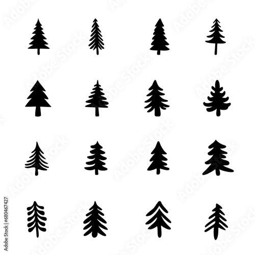 Hand drawn christmas pine tree vector set photo