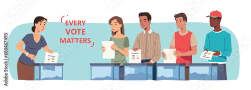 Voters persons casting ballots putting papers with vote into election boxes. Multiethnic men, women voting in favor or against candidate, party making decision. Polling place flat vector illustration
