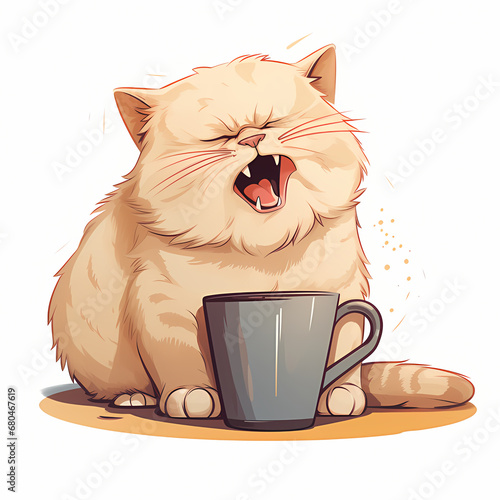 Yawning cat steaming coffee Morning grouch on four paws photo