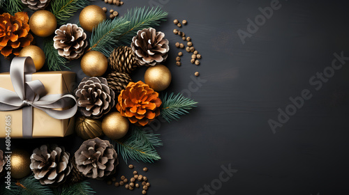 Christmas composition. Christmas fir tree branches, gifts, pine cones on grey background. Flat lay, top view. Copy space. Banner backdrop