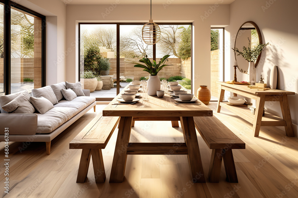 Rustic Feast Modern Farmhouse Dining Room with Inviting Table and Bench. created with Generative AI Rustic Feast Modern Farmhouse Dining Room with Inviting Table and Bench. created with Generative AI