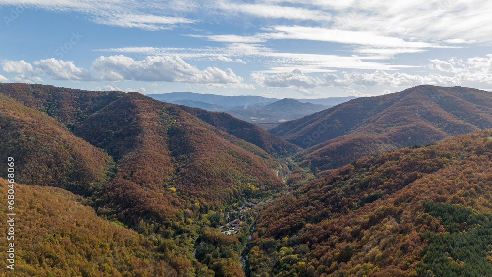 Aerial view to the mountains forest in autumn Aerial view to the mountains forest in autumn