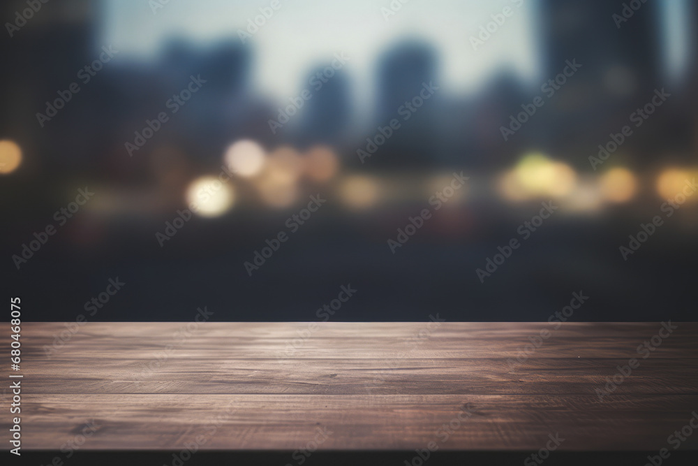 a dark wooden table top with a blurred city night light background a dark wooden table top with a blurred city night light background