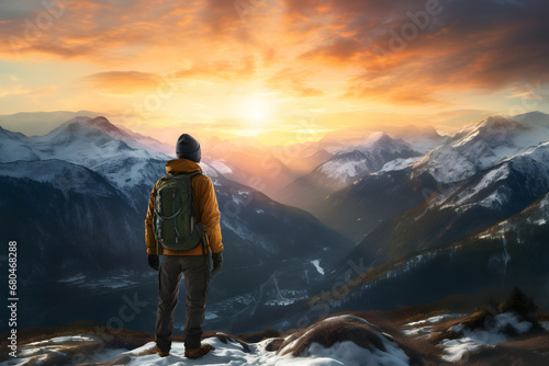 rear view of a mountaineer looking at the high snowy peaks of the Himalayas,sunset,full colors