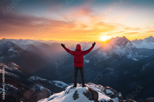 rear view of a mountaineer looking at the high snowy peaks of the Himalayas,sunset,full colors