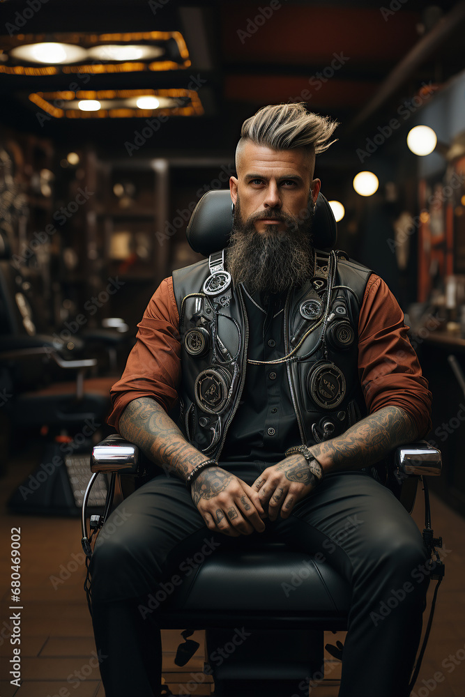A portrait of a confident and stylish barber in a salon, showcasing an aura of expertise with his elaborate leather barber jacket and thoughtful expression