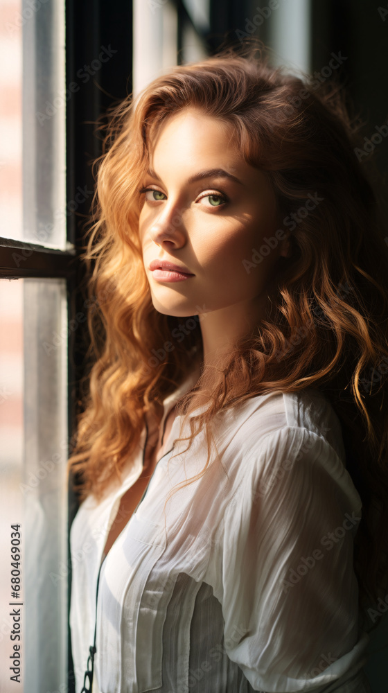 serene portrait of a model. The window light bathes the model's face in soft, diffused light, creating a gentle and natural illumination serene portrait of a model. The window light bathes the model's face in soft, diffused light, creating a gentle and natural illumination