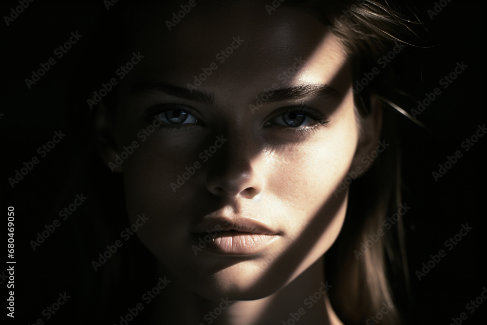 Low saturated artistic portrait of a model. The image is characterized by a dramatic play of light and shadow, with a focus light cast. Low saturated artistic portrait of a model. The image is characterized by a dramatic play of light and shadow, with a focus light cast.