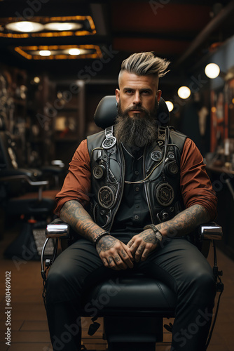 A portrait of a confident and stylish barber in a salon, showcasing an aura of expertise with his elaborate leather barber jacket and thoughtful expression