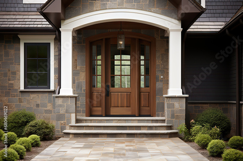 Timeless Elegance Georgian Style Home s Wooden Front Door and Gabled Porch. created with Generative AI