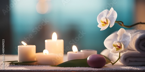 Spa and wellness setting with white orchid flowers  candles and towels - generative ai