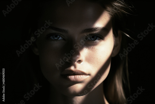 Low saturated artistic portrait of a model. The image is characterized by a dramatic play of light and shadow, with a focus light cast.