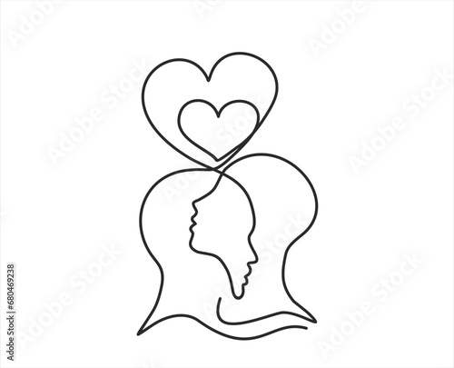 One continuous single line of heads with hearts silhouette as love, mental health or emotional intelligence concept