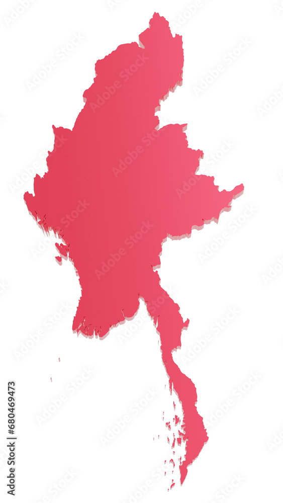 Naklejka premium Red color Myanmar map, Myanmar 3d map