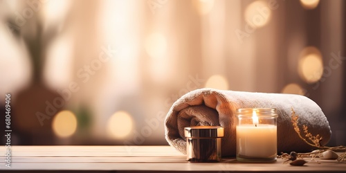Spa still life with towels, candles and sea salt on wooden table - generative ai photo