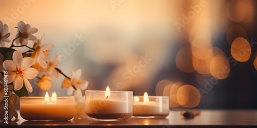 Burning candles and white flowers on wooden table in front of blurred background - generative ai
