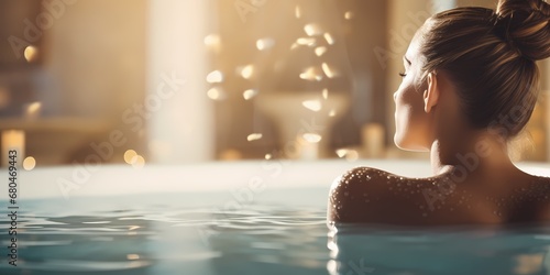 Beautiful woman relaxing in swimming pool at spa center. Luxury lifestyle - generative ai photo