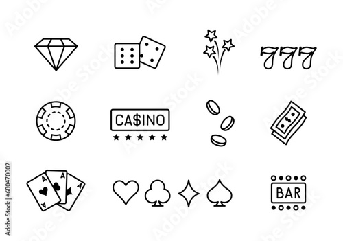 Poker icon set. Casino line icon set. Poker cards, dice and chips, slot machine symbols and money. Gambling icons set, casino and card, poker game. Vector illustration in linear style
