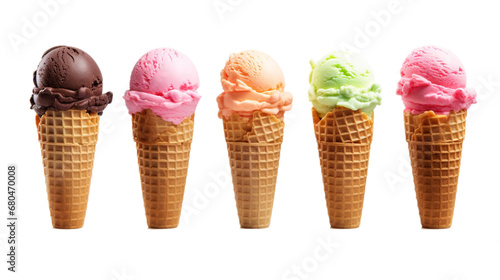 Delicious ice cream cones in five different colors, isolated on a white background.