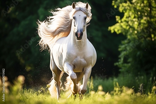 Beautiful horse with long mane on pasture  equestrian sport