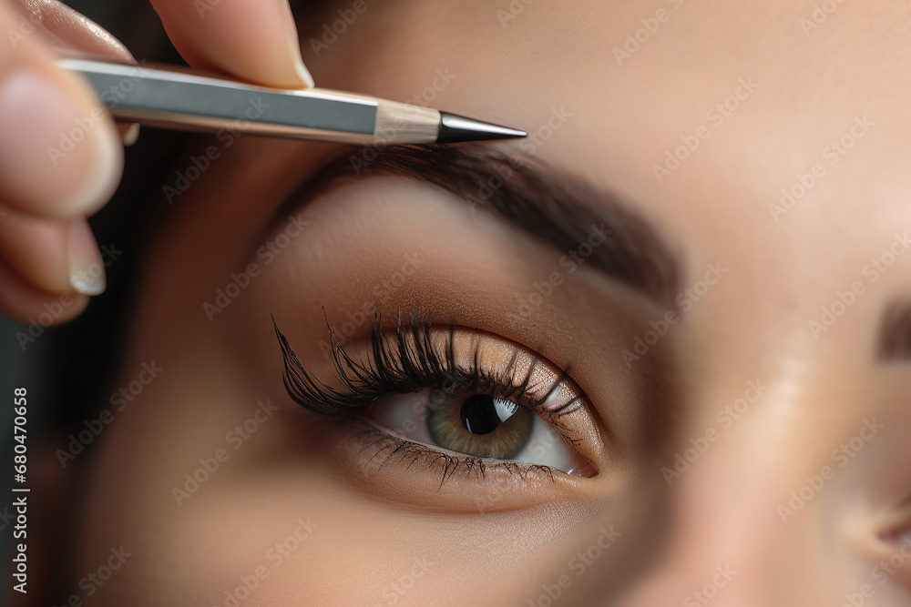 Close-up of a beauty treatment in progress, with precision tweezers shaping a perfect eyebrow, highlighting detailed makeup artistry