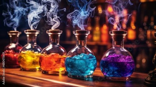 carnival glass in bottles with colorful smoke coming out of them, copy space, 16:9