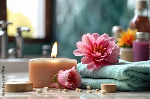 Soap  towel  flowers in bathroom  on blurred spa background